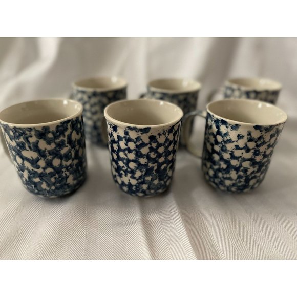Blue Sponge Painted Coffee Mugs - Set of 6 by Folk Craft - Picture 1 of 3